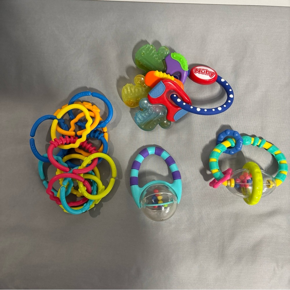 Baby Teether & Rattle Toy Bundle – 4 Pieces – Nuby & Mixed Brands – Used